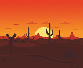 sunset at desert with cactus plant landscape illustration