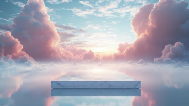 Marble platform floating on a glassy reflective surface amid pastel pink and blue clouds at sunrise, creating a serene ethereal dreamy atmosphere - Powered by Adobe