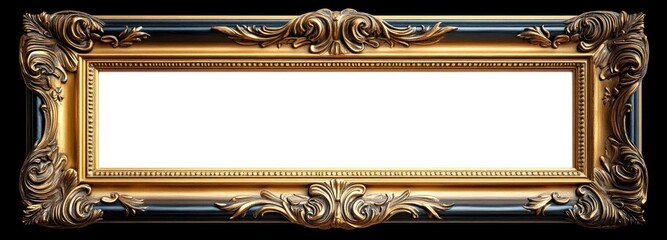 Ornate horizontal gilded baroque picture frame with carved floral scrollwork and blank white center on a black background, evoking opulent elegance