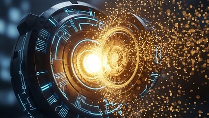 Futuristic power core with glowing blue circuits and golden energy particles