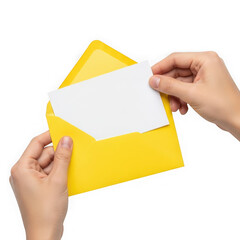 Hands placing card in yellow envelope isolated on transparent background