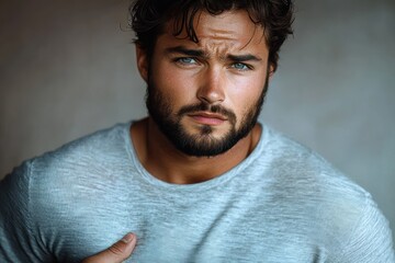 Fototapeta premium Close cropped portrait of a man in a light blue crew neck t-shirt with hand on chest, visible jawline stubble and neck, calm contemplative mood against a neutral backdrop