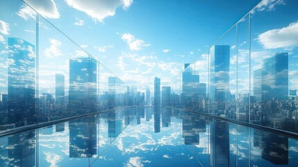 futuristic glass city skyline reflected on a mirrored rooftop walkway under bright blue sky and clouds, serene symmetrical urban scene