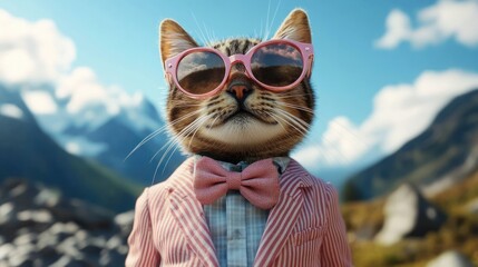 Confident tabby cat in pink sunglasses, striped blazer and bow tie posing in front of sunlit mountain landscape with blue sky and fluffy clouds, playful stylish portrait