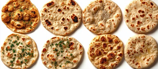 assorted freshly cooked round flatbreads with golden charred spots, sesame seeds and herb garnish on a white surface, warm and inviting comfort food