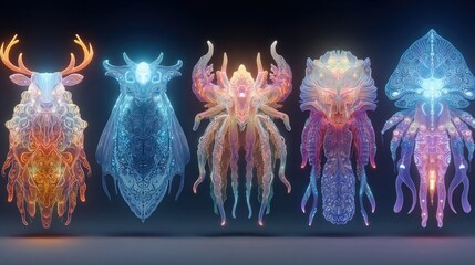 Neon style animal totems and spirit guides glowing with vibrant colors, digital designs perfect for NFT collections, spiritual art, and mystical digital projects.