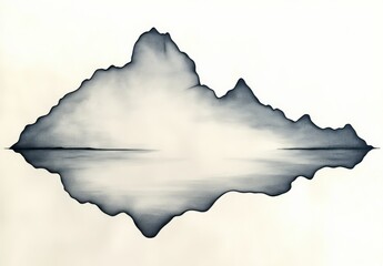 monochrome mirrored mountain silhouette reflected across calm water with soft mist, serene and contemplative mood