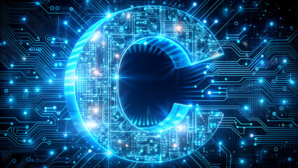 Biometric Fingerprint Scanner in Futuristic Digital Circuitry with Blue Neon Lighting for Cybersecurity Technology