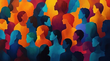 vibrant overlapping silhouettes of diverse people in an abstract crowd conveying connection, contemplation, and inclusive community