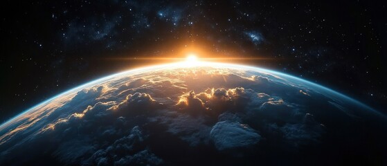 Obraz premium Sunrise over Earth from space with glowing horizon, dramatic illuminated cloud tops, dark oceans and distant starfield with milky way, inspiring awe and serene hope