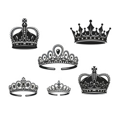Collection of Ornate Crowns and Tiaras in Black and White.