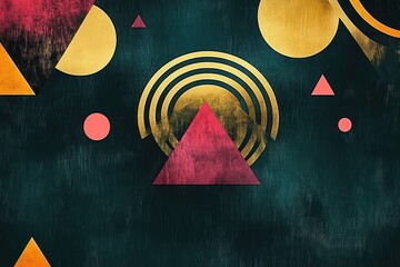 Abstract geometric composition with central pink triangle, gold concentric arcs and circles, small pink triangles and dots on a textured dark teal background conveying bold retro elegance