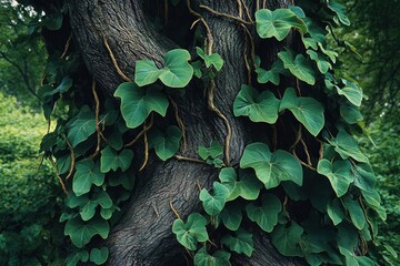 Close-up of gnarled tree trunk wrapped in twining vines with heart-shaped green leaves in a serene forest setting