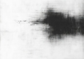 Obraz premium black ink cloud with horizontal streaks and canvas texture on a white background, minimalist abstract composition conveying a moody contemplative atmosphere