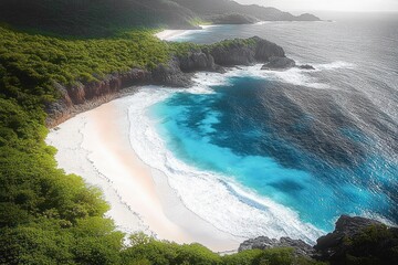 Serene secluded crescent white sand beach embraced by rugged rocky cliffs and lush green forest with turquoise waves lapping under hazy sunlight