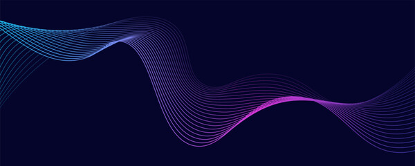 Dark abstract background with glowing wave. Shiny moving lines design element. Modern purple blue gradient flowing wave lines.