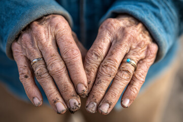 Fototapeta premium Close-up of dirty, weathered human hands showing rough skin, wrinkles, and traces of labor, expressing strength, endurance, and the physical reality of the human body.