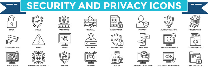 Security and privacy icon collection set. Containing secure, password, firewall, encryption, authentication, surveillance, protection icon. Line style vector illustration.