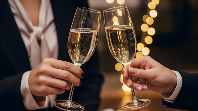 Brindis en bar con copas de espumoso y luces doradas desenfocadas, concepto de vida nocturna, ocio, celebraci&oacute;n social y estilo urbano