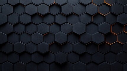 dark layered hexagonal tiles with subtle orange inner glow and textured matte surface in a sleek futuristic honeycomb pattern