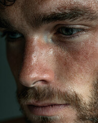 Obraz premium Extreme close-up of a Caucasian male face revealing natural skin texture, pores, and facial hair, expressing realism, maturity, and the human body without retouching.
