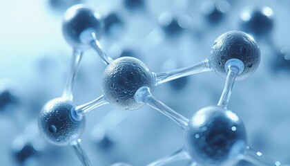 glossy blue molecular model of interconnected spherical atoms and translucent bonds conveying a cool, precise scientific mood