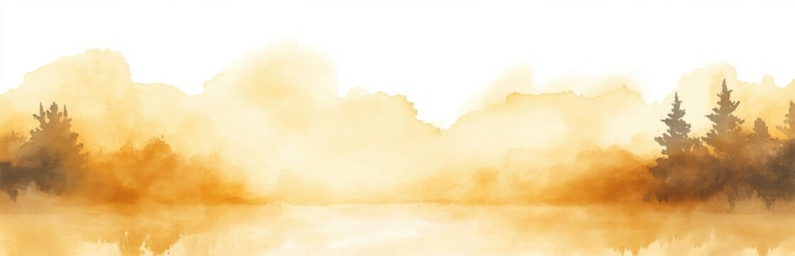misty golden watercolor landscape of evergreen tree silhouettes and soft hills reflected on a calm lake, serene and dreamy sunrise glow - Powered by Adobe