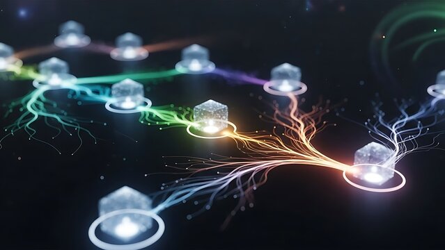 Decentralized digital network infrastructure with glowing blocks and data transfer paths