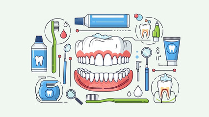 A comprehensive illustration of dental care tools and oral hygiene products for healthy teeth.