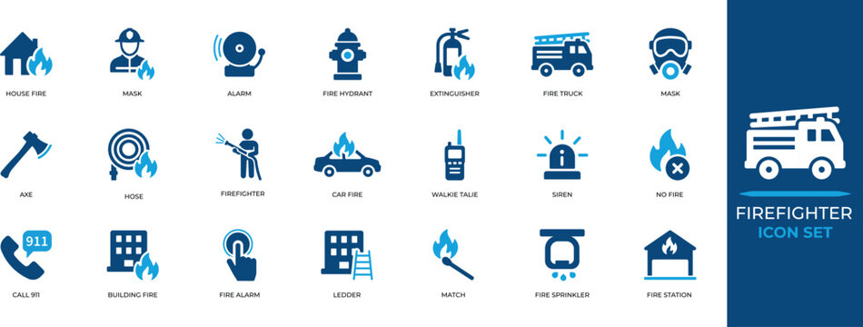 Firefighter icon set with fire rescue, siren, professional, rescue, blaze, hazard, saving, security, emergency, fire station symbols for apps, infographics, public safety designs.