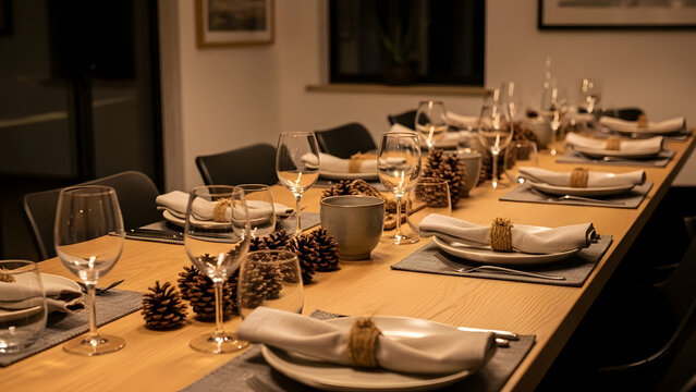 Mesa preparada para cena familiar navide&ntilde;a con centro de mesa natural y vajilla, ambiente c&aacute;lido de hogar para celebraci&oacute;n