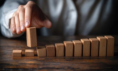 close-up of a hand placing a wooden block on an ascending row of wooden blocks on a wooden table, conveying focused progress and careful planning