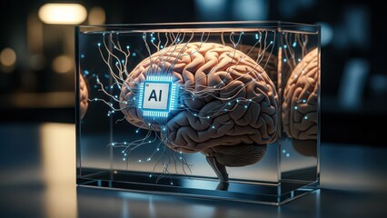Advanced Ai Processor Integrating with a Human Brain Model in a Modern Display