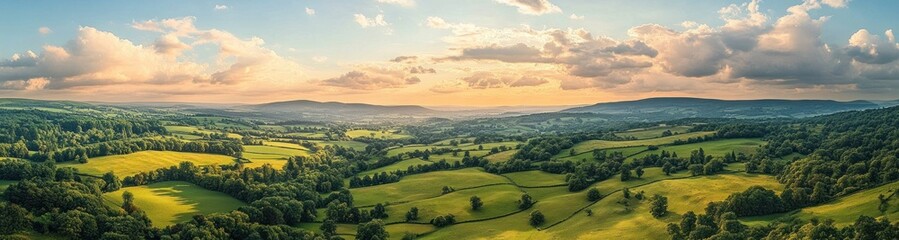 Panoramic view of rolling green hills and patchwork fields with scattered trees and hedgerows under a dramatic cloud-filled sunset, serene golden hour countryside