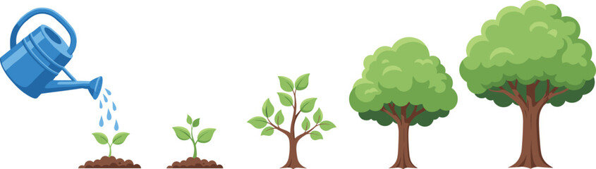 Flat vector illustration showing stages of tree growth from sprout to mature leafy tree with blue watering can