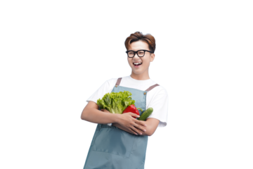Smiling Chef with Fresh Produce: A cheerful chef, radiating joy, holds a vibrant array of fresh vegetables, embodying the essence of healthy eating and culinary passion.