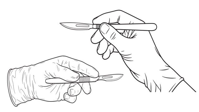 Vector illustration of surgeon hands holding sharp steel scalpel blades for medical operation and surgical industry procedure
