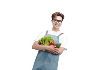 Fresh Produce Smile: A cheerful individual, adorned with glasses and a friendly apron, cradles a vibrant collection of fresh produce, expressing a vibrant smile