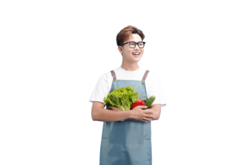 Cheerful Farmer with Fresh Produce: A smiling individual, apron-clad, embraces the bounty of nature's harvest, cradling vibrant, fresh produce, embodying the joy of a healthy lifestyle.
