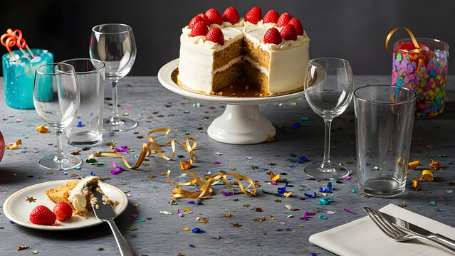 Tarta entera de fresas sobre pedestal blanco con porci&oacute;n retirada, fondo gris minimalista y confeti, concepto de pasteler&iacute;a premium para anuncio y men&uacute;
