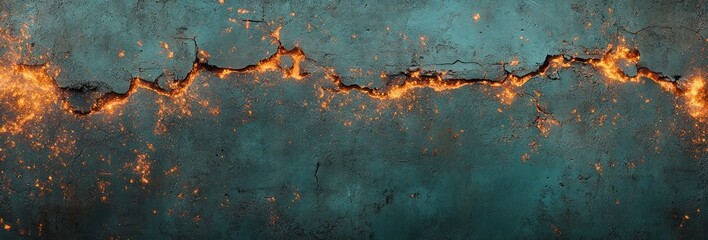 horizontal cracked teal concrete wall with glowing molten orange fissures, ember sparks and scorched texture conveying dramatic fiery tension and decay
