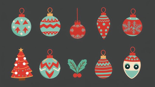 Decorative Christmas ornaments and trees displayed on a dark background with various patterns and designs