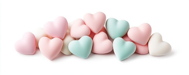 Colorful heart-shaped candies in pastel shades arranged playfully, evoking feelings of love and sweetness.