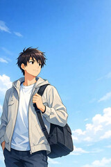 空を見上げる若い男性のアニメ風イラスト。前向きで未来を感じる新生活・進学・キャリア素材