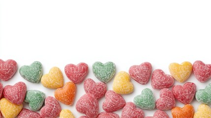 Colorful heart-shaped candies arranged in a row against a white background, evoking feelings of love and sweetness.