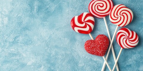 Colorful lollipops and a heart-shaped candy arranged on a blue textured background, creating a playful and sweet atmosphere.