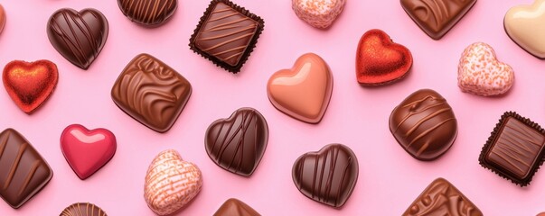 colorful assortment of heart-shaped and various chocolates arranged on a pink background, ideal for celebrations and gifts.