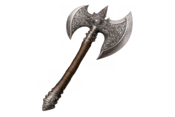 Ornate double-bitted battle axe with a textured steel blade and a brown wrapped handle, isolated on a transparent background