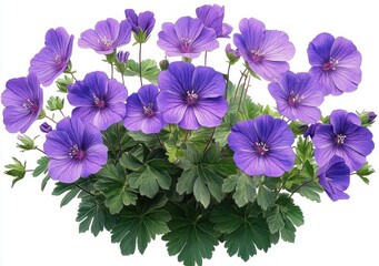 Cluster of vibrant purple geranium flowers with lush green leaves on white background, fresh cheerful and delicate