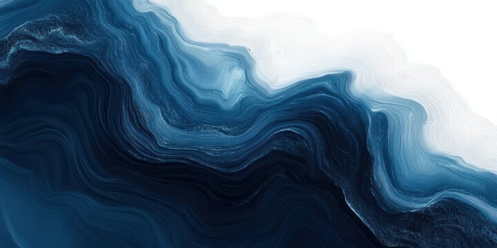 Abstract layered blue and white fluid waves with textured striations flowing across a canvas, evoking deep ocean depth, calm movement and serene mystery